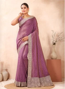 Silk Blend Classic Saree with Embroidered Work for Festival in Hot Pink