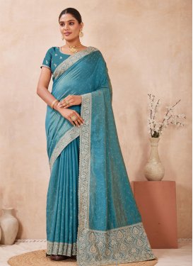 Silk Blend Classic Saree with Embroidered Work for Festival in Light Blue