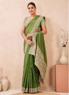 Embroidered Work Silk Blend Classic Saree in Green for Women
