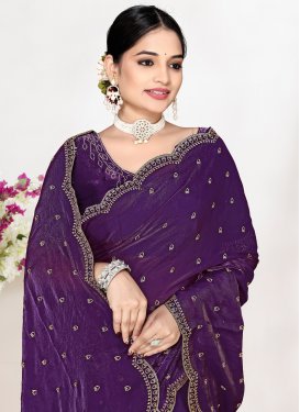 Purple Satin Silk Swarovski Work Classic Saree for Women