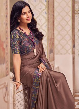 Chiffon Satin Traditional Saree with Digital Print Work in Brown