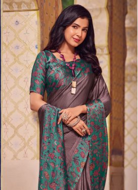 Chiffon Satin Traditional Saree in Brown and Sea Green with Digital Print Work for Casual