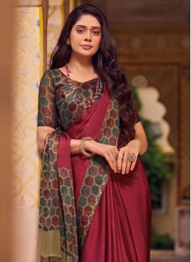 Chiffon Satin Digital Print Work Trendy Saree in Brown and Crimson