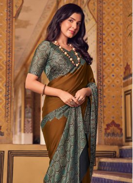 Chiffon Satin Classic Saree with Digital Print Work in Mustard and Sea Green