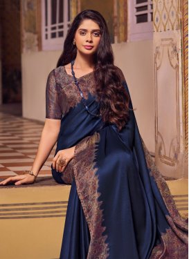 Digital Print Work Chiffon Satin Traditional Saree in Navy Blue for Women