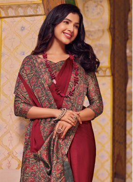 Chiffon Satin Traditional Saree in Grey and Red with Digital Print Work for Casual