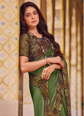 Chiffon Satin Trendy Saree in Olive with Digital Print Work for Casual