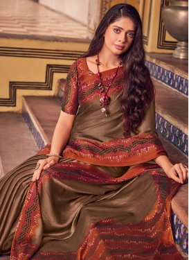 Digital Print Work Chiffon Satin Traditional Saree in Brown and Orange for Women