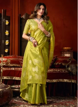 Woven Work Tissue Trendy Saree in Olive for Women