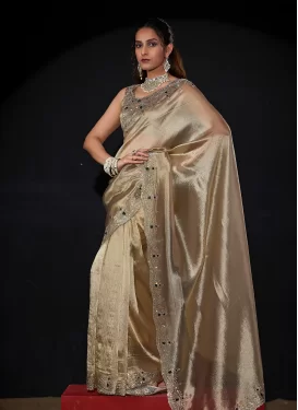 Beige Kanjivaram Silk Swarovski Work Traditional Saree for Women