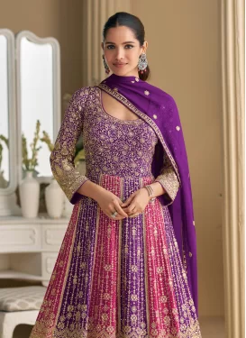 Georgette Designer Gown with Embroidered Work in Purple and Rose Pink for Festival