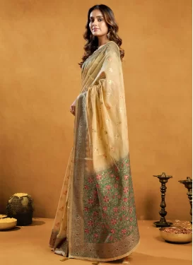 Woven Work Cotton Trendy Saree in Cream and Green for Women