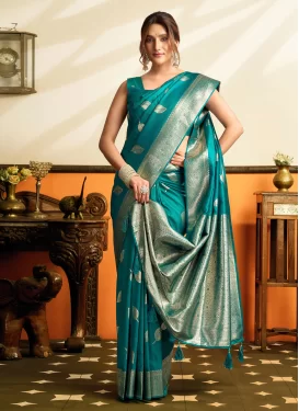 Silk Blend Traditional Saree with Woven Work in Aqua Blue