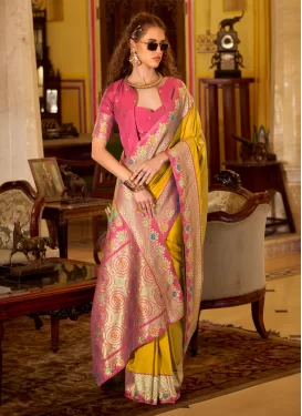 Silk Classic Saree with Woven Work in Mustard and Salmon
