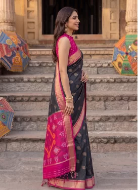 Silk Blend Classic Saree in Black and Rose Pink with Woven Work for Ceremonial