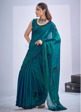 Satin Silk Traditional Saree with Resham Work for Festival in Teal