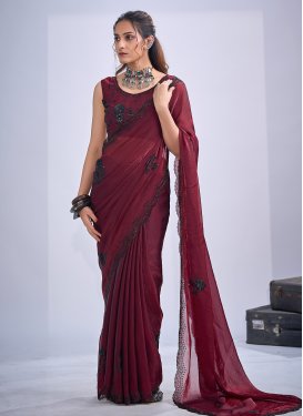 Resham Work Satin Silk Traditional Saree in Crimson for Women