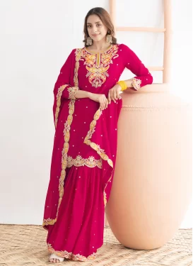 Chinon Sharara Suit with Embroidered Work in Rose Pink