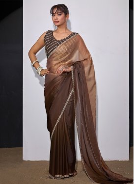 Satin Silk Trendy Saree in Brown and Coffee Brown with Swarovski Work for Women