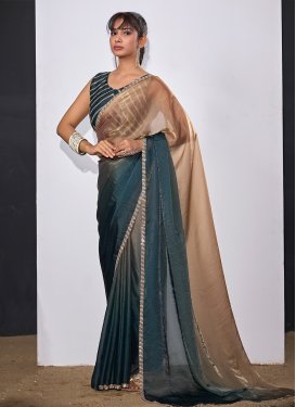 Swarovski Work Satin Silk Trendy Saree in Brown and Teal for Women