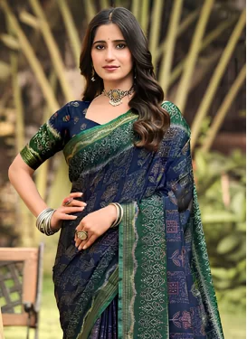 Green and Teal Cotton Digital Print Work Traditional Saree for Women
