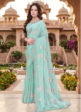 Foil Print Work Fendi Silk Classic Saree in Turquoise for Festival