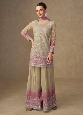 Beige and Mauve Pink Georgette Embroidered Work Palazzo Suit for Women