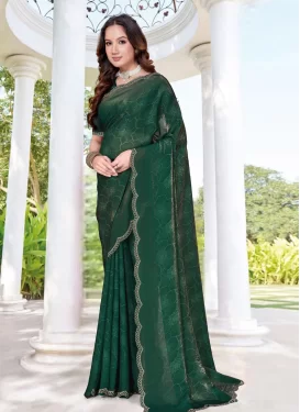 Satin Silk Classic Saree with Digital Print Work in Green