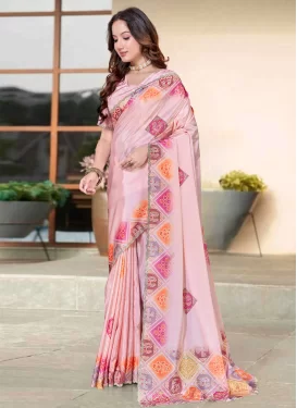 Satin Silk Traditional Saree with Bandhani Print Work in Pink