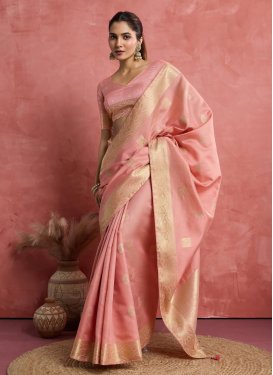Salmon Linen Traditional Saree with Woven Work for Festival