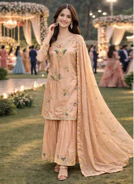 Peach Crepe Silk Embroidered Work Sharara Suit for Women