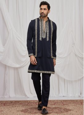 Navy Blue Fancy Fabric Kurta Pajama With Jacket with Cutdana Work for Festival