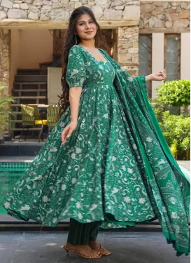 Maslin Readymade Salwar Suit with Digital Print Work in Green for Ceremonial