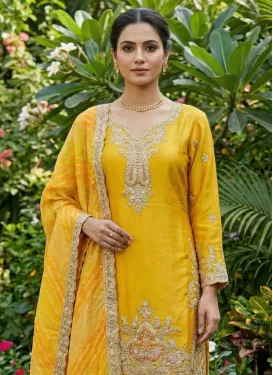 Chinon Punjabi Salwar Suit with Embroidered Work in Mustard for Festival