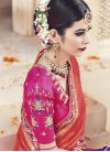 Lace Work Coral and Rose Pink Satin Silk Traditional Designer Saree For Festival - 1