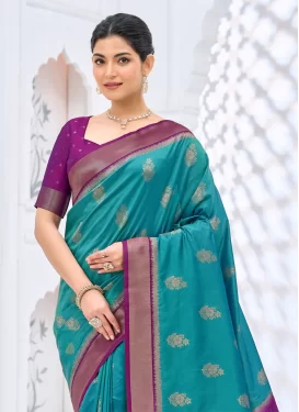 Art Silk Traditional Saree with Woven Work for Festival in Aqua Blue and Purple