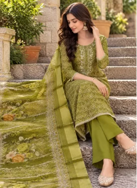 Bandhani Print Work Cotton Silk Straight Suit in Olive for Women