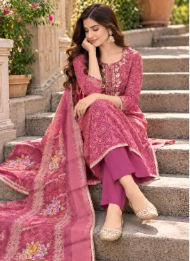 Cotton Silk Straight Suit with Bandhani Print Work in Rose Pink for Ceremonial