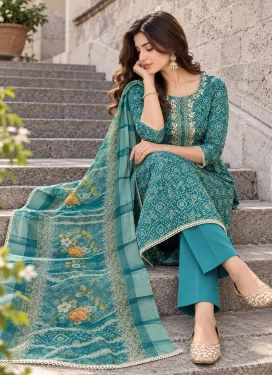 Cotton Silk Straight Suit in Teal with Bandhani Print Work for Women