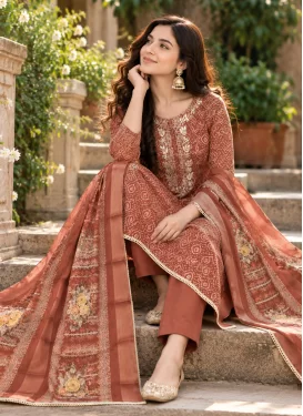 Cotton Silk Straight Suit with Bandhani Print Work for Festival in Rust