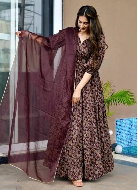 Organza Trendy Gown in Wine with Digital Print Work for Ceremonial