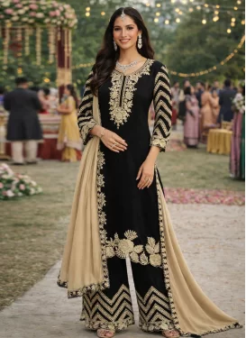 Embroidered Work Palazzo Suit For Festival in Black
