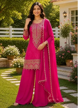 Jacquard Silk Embroidered Work Palazzo Suit in Rose Pink
