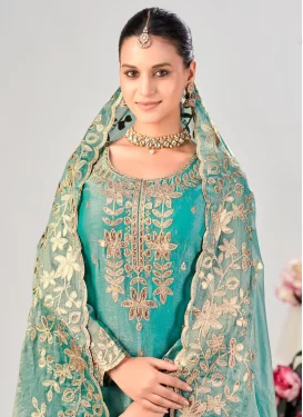 Fendi Silk Palazzo Suit with Embroidered Work for Women in Turquoise