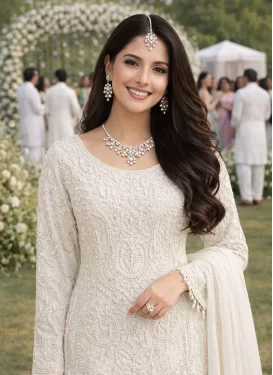 Embroidered Work Georgette Straight Suit in Off White for Women