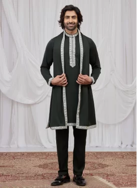 Bottle Green Fancy Fabric Kurta Pajama With Jacket with Cutdana Work for Festival