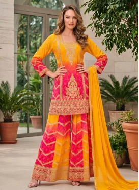 Chinon Palazzo Suit with Bandhani Print Work in Mustard and Rose Pink for Party