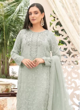 Embroidered Work Chiffon Pakistani Suit in Turquoise for Women