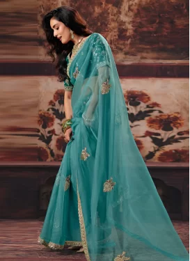 Organza Traditional Saree with Beads Work for Women in Aqua Blue