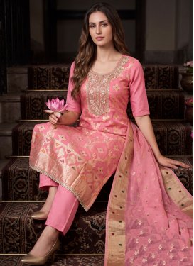 Cotton Silk Straight Suit with Beads Work for Ceremonial in Pink